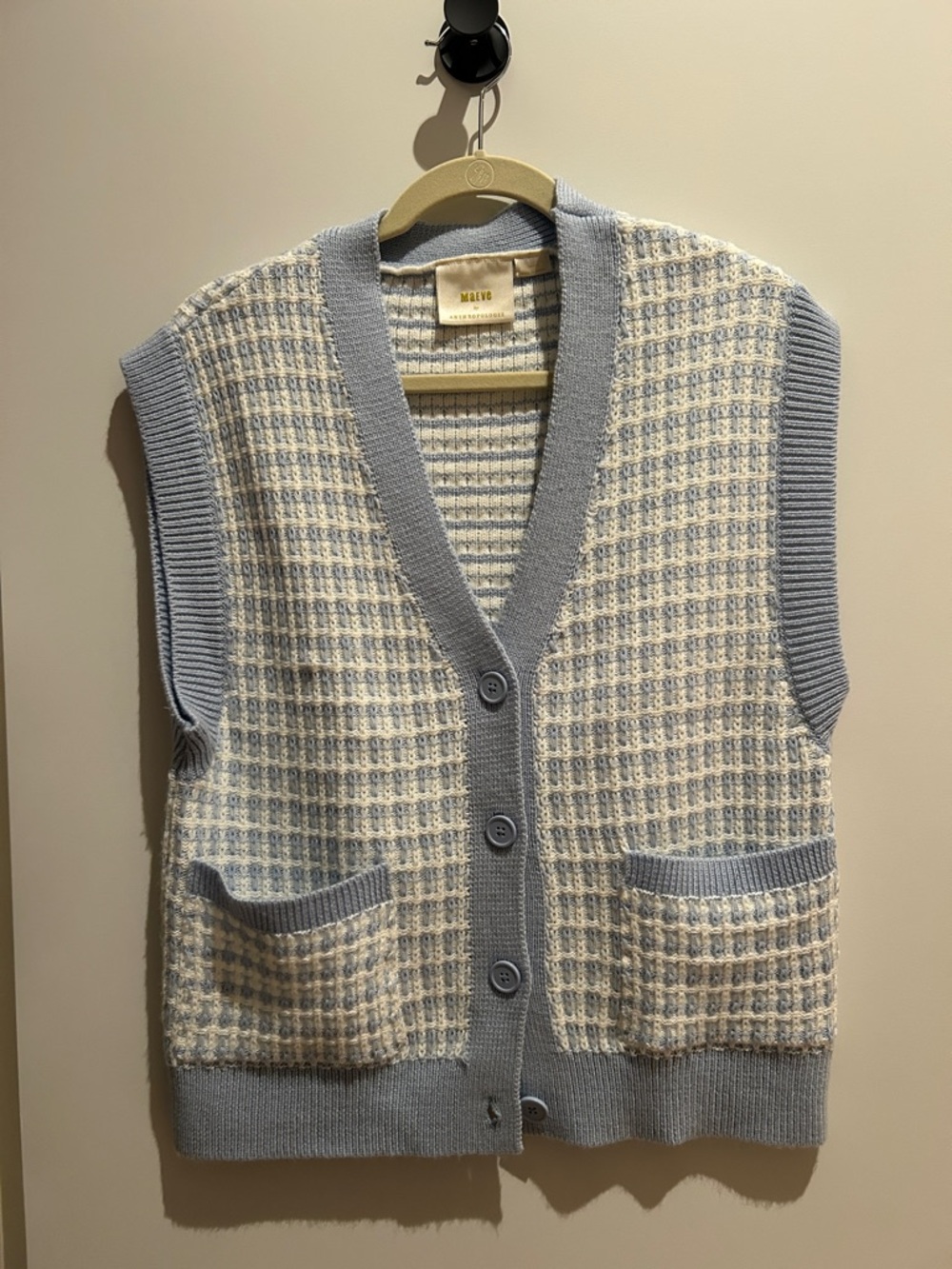 Maeve Cream and Light Blue Knit Button Vest